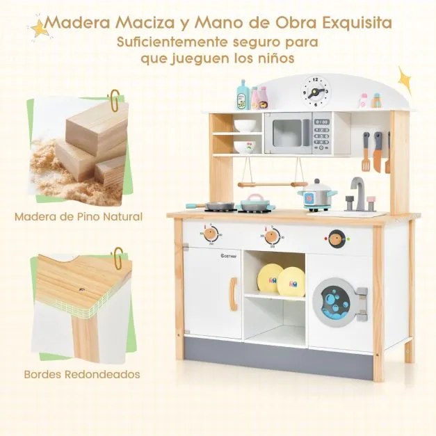 Cozinha de brincar para crianças de 3 anos Cozinha de brincar em madeira com micro-ondas, máquina de lavar roupa, escorredor Simulado 79 x 35 x 98 cm