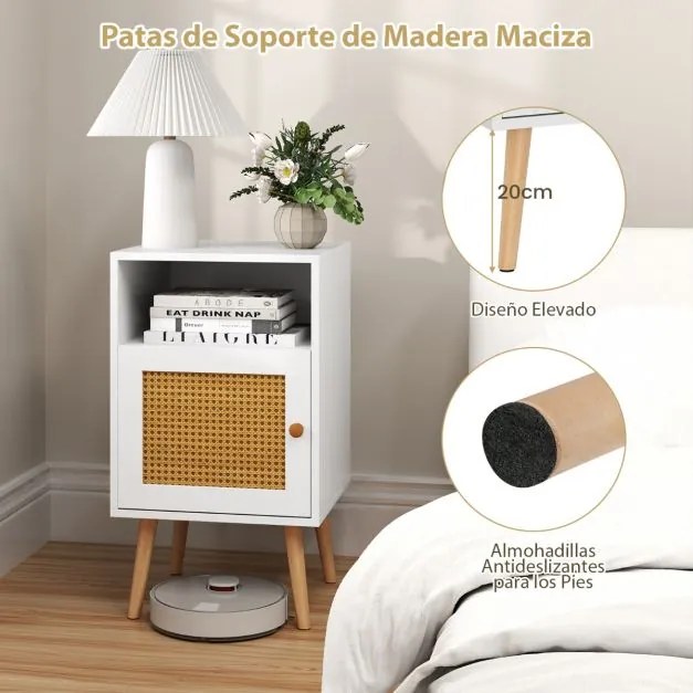 Mesa cabeçeira ou mesa Apoio com Estante Aberta e Porta Decorada em Rattan PE para Quarto Sala de Estar 40 x 39 x 70 cm Branco