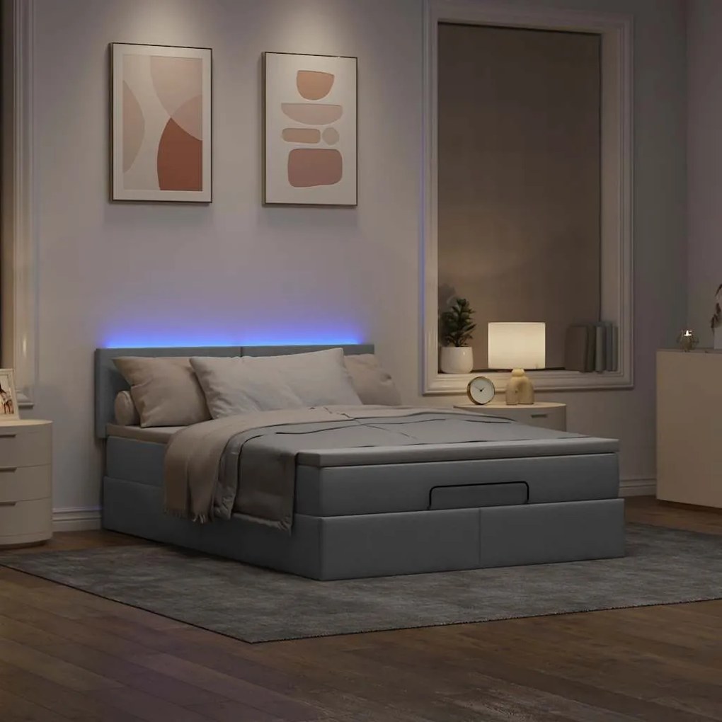Cama Otomana com Colchão &amp; LEDs Cinzento Claro 140x190cm Tecido