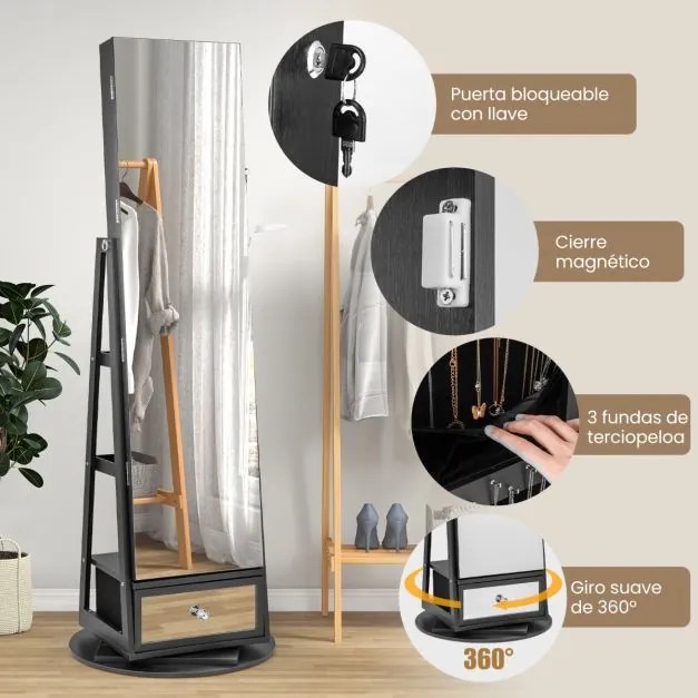 Armário para joias giratório em 360° com espelho, luzes LED, fechadura e prateleira traseira preta