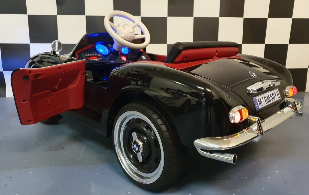 Carro elétrico infantil  para crianças 3 a 6 anos BMW 507 12 volts Pneus Borracha e controlo remoto 2.4G e arranque lento Preto