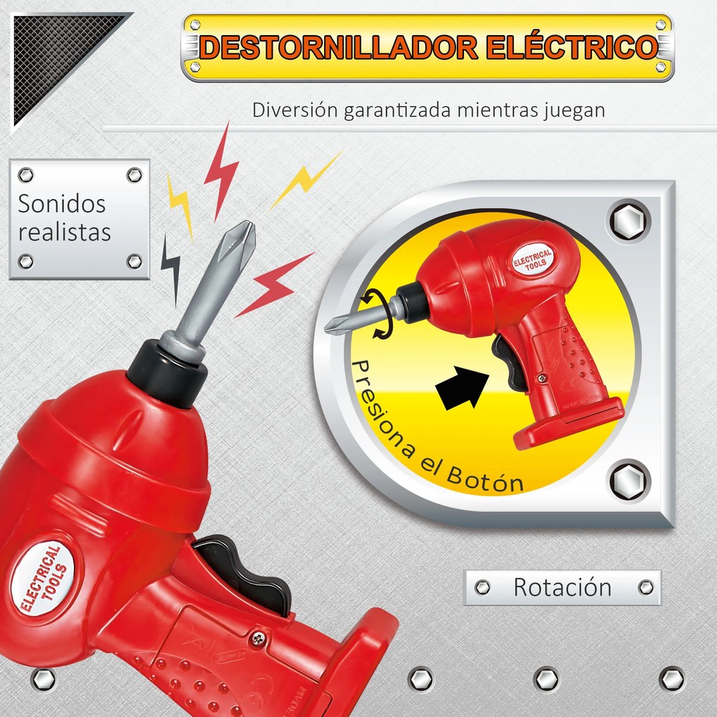 HOMCOM Bancada de Ferramentas para Crianças acima de 3 Anos Inclui 55 peças com Berbequim Elétrico Chave Inglesa Alicates Brinquedo de Aprendizagem 69x26,5x75cm Multicor