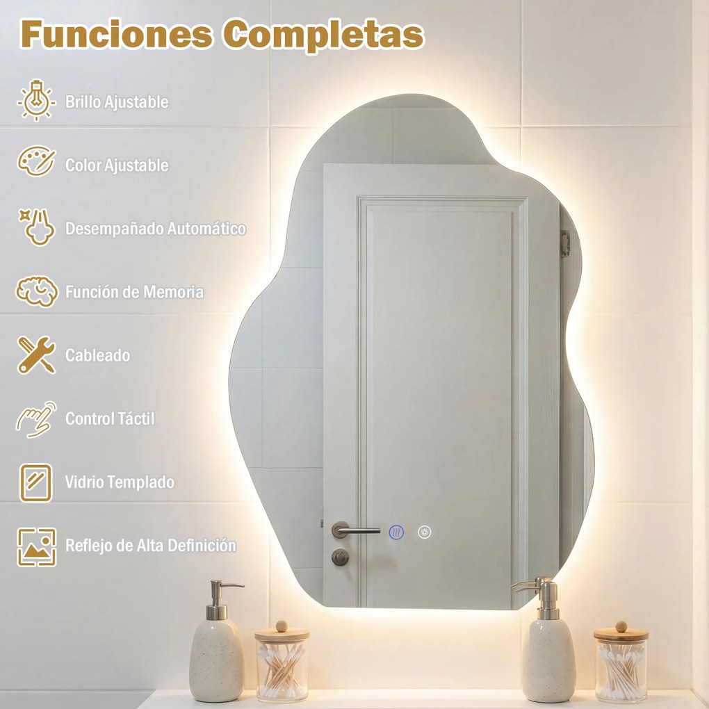 Espelho de casa de banho LED assimétrico com 3 luzes 70 x 50 x 3,5 cm, intensidade regulável, função antiembaciamento e vidro temperado prateado