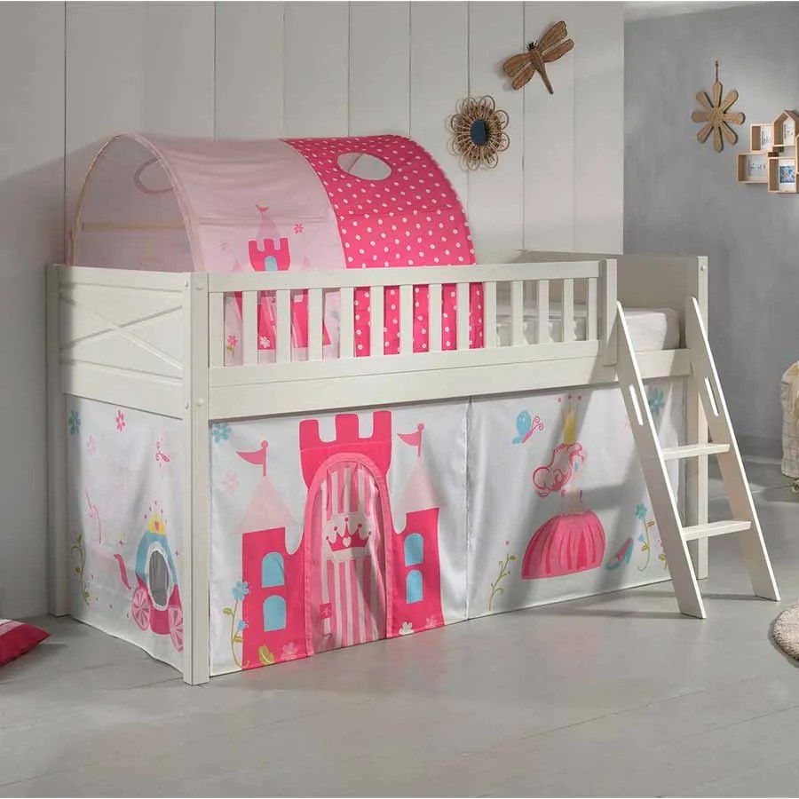 Conjunto cama alta Infantil SCOTT + cortina de brincar PRINCESAS + Túnel Branca