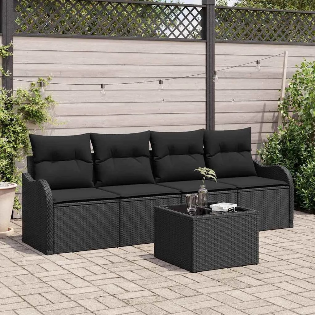 Conjunto de Sofá de Jardim com 5 Peças e Almofadas Pretas em Rattan Si