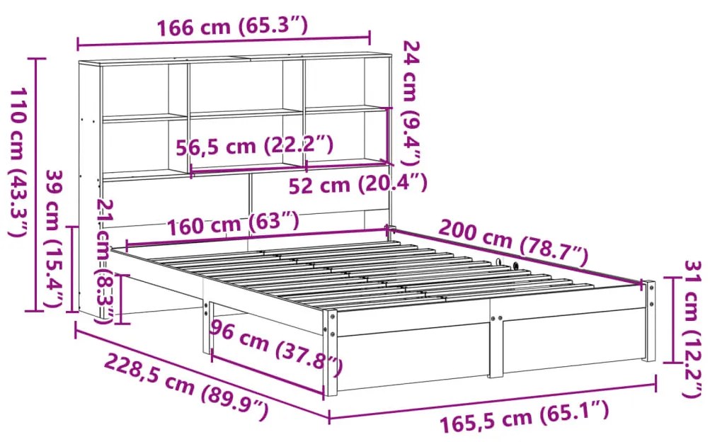 Cama com estante sem colchão 160x200 cm pinho maciço