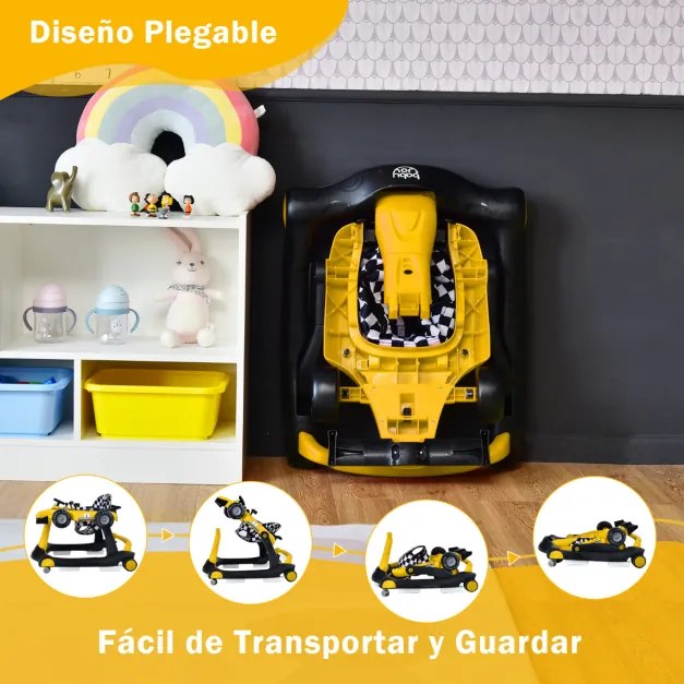 Andador 4 em 1 para crianças, dobrável, atividade de empurrar, com altura ajustável e carrilhão de velocidade com luzes, volante Amarelo