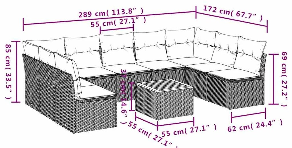 10 pcs conjunto sofás p/ jardim c/ almofadões vime PE cinzento