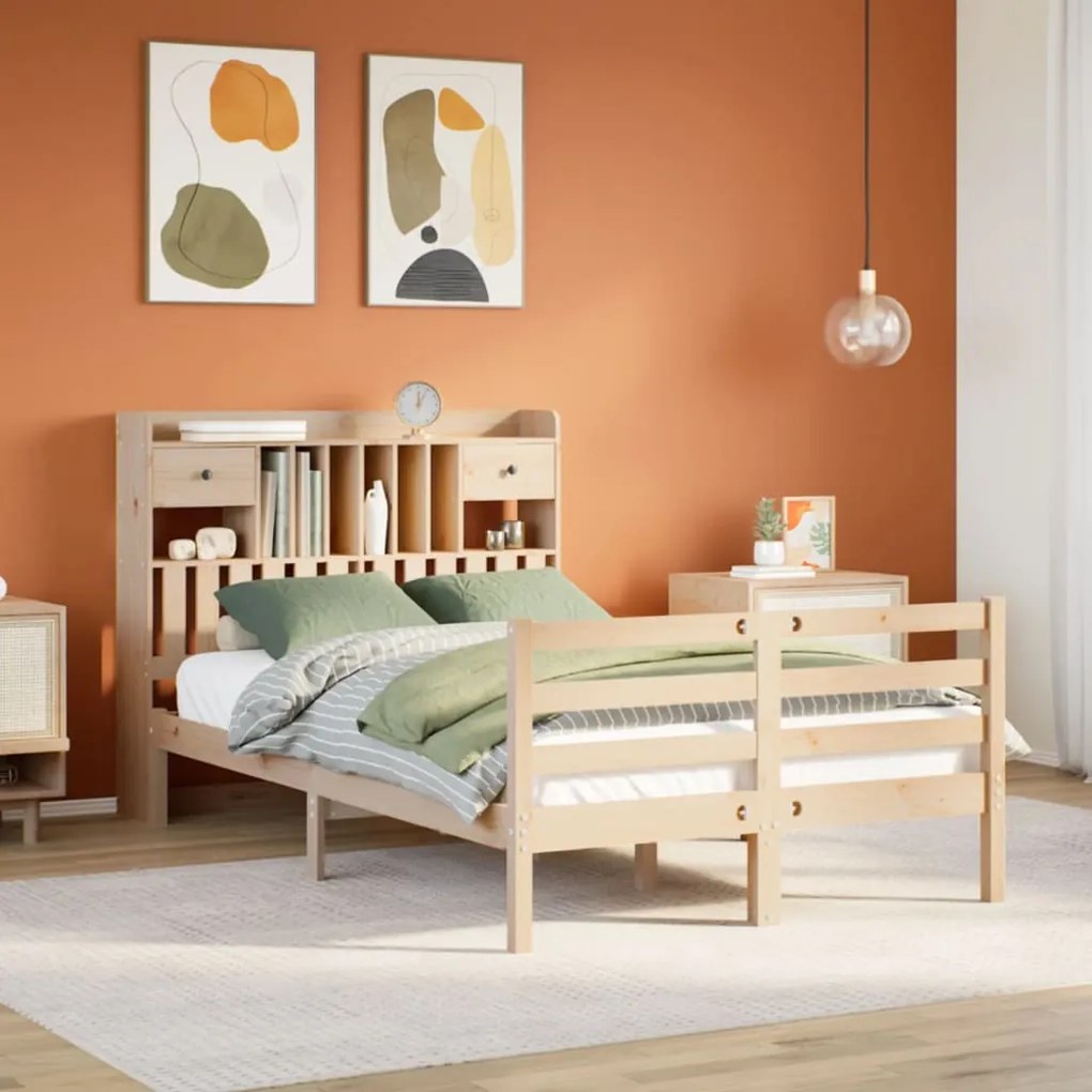 vidaXL Cama com estante sem colchão 135x190 cm pinho maciço