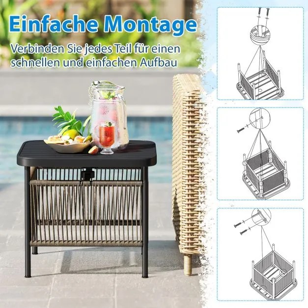 Mesa auxiliar jardim em rattan resistente às intempéries 56 x 56 x 49 cm com orifício para guarda-sol Preta