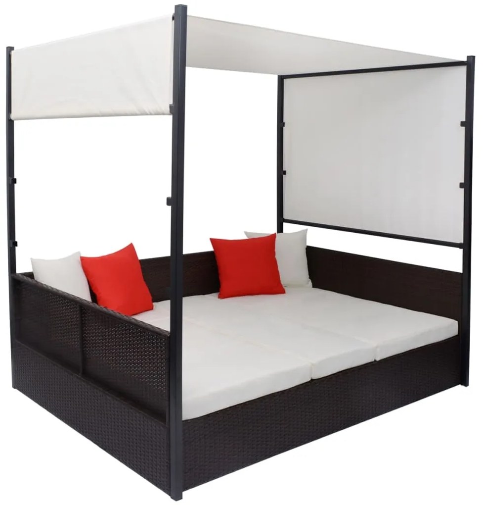 Espreguiçadeira de jardim com toldo 190x130 cm vime PE castanho