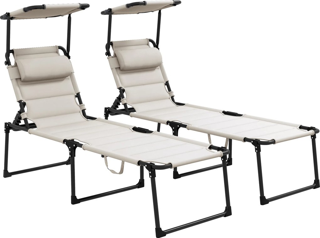 Outsunny Conjunto de 2 espreguiçadeiras dobráveis de grande conforto com encosto e proteção solar ajustáveis em várias posições, creme | Aosom Portugal