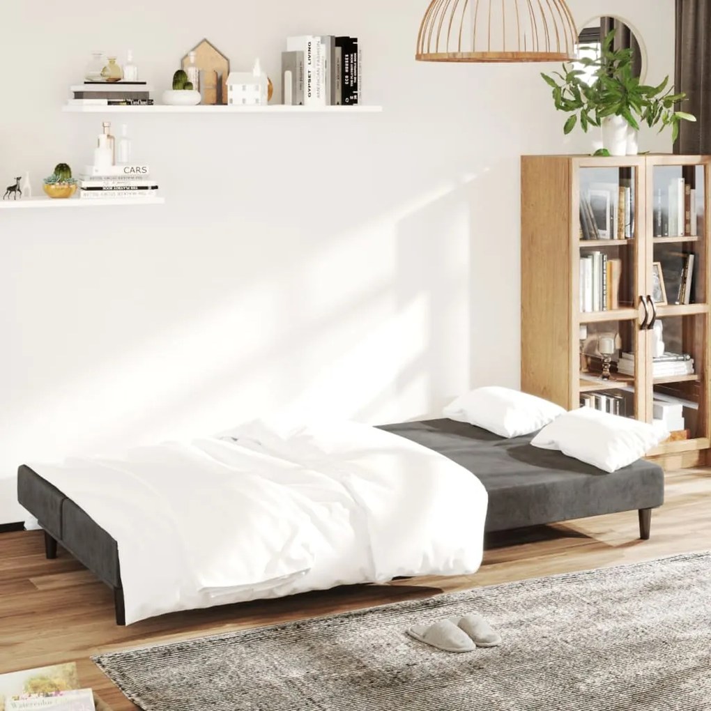 Sofá-cama de 2 lugares veludo cinzento-escuro