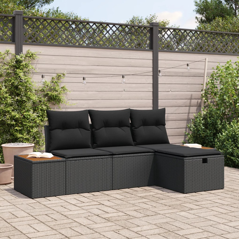 Conjunto de Sofás de Jardim vidaXL de 4 Peças com Almofadas em Rattan Poliéster Preto