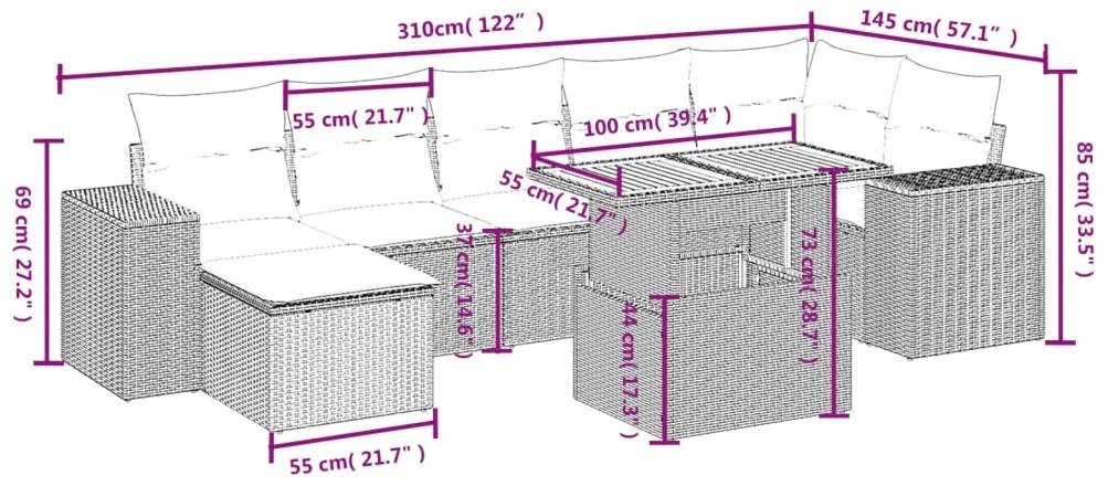 8 pcs conjunto de sofás p/ jardim com almofadões vime PE bege
