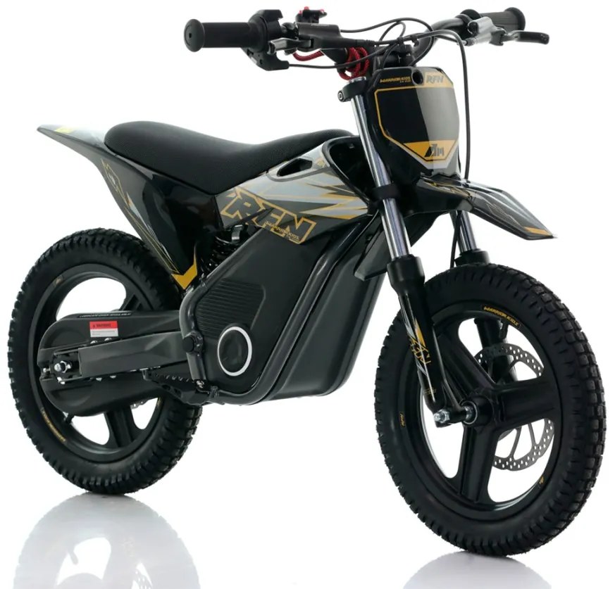 Mini moto elétrica para crianças velocidade até 35Km/h C/Limitador RFN Warrior SX-E500 500W 36V 14/14” Preta e Dourada
