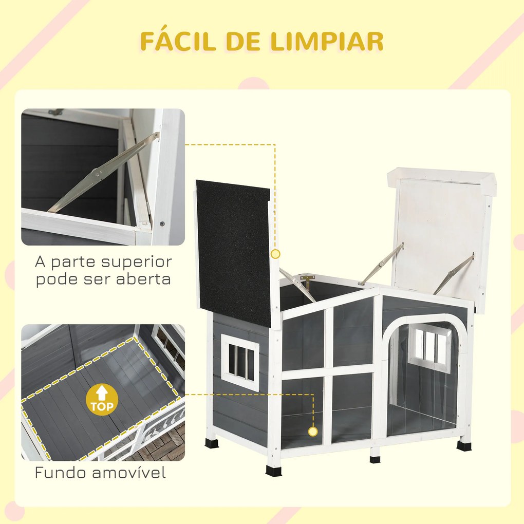 Casa para Cães de Madeira 101x66,5x70,5cm Casa para Animais de Estimação com Teto Abatível Frontal de Acrílico Porta com Cortina e Fundo Amovível Cinz