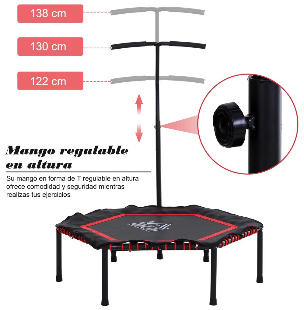 HOMCOM Trampolim de Fitness Profissional Hexagonal Φ122x 122/130/138 cm Guiador Ajustável 3 Níveis de Altura Vermelho