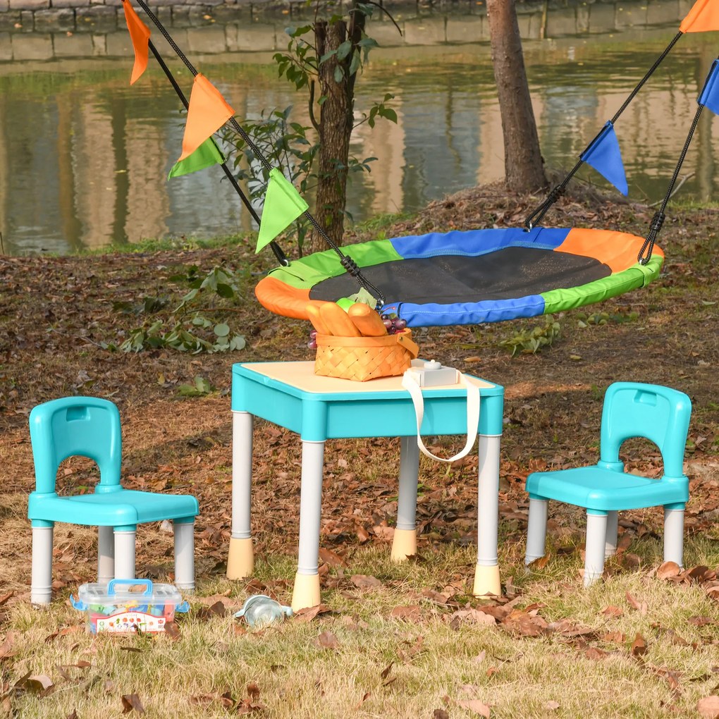HOMCOM Conjunto de mesa e 2 cadeiras para crianças com 135 blocos de construção Mesa em ambos os lados Útil para desenhar e jantar com grande armazenamento 69x69x47 cm Multicolor