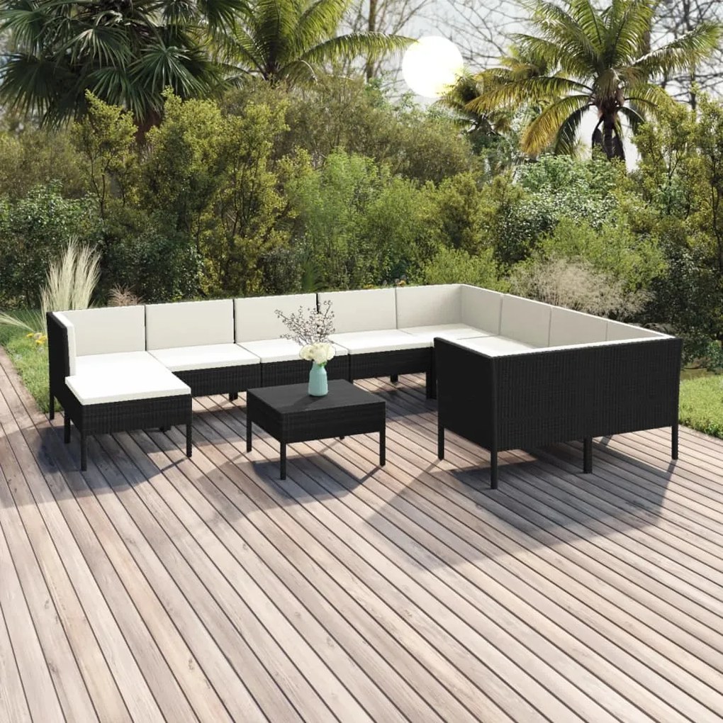 vidaXL 11 pcs conjunto lounge de jardim c/ almofadões vime PE preto