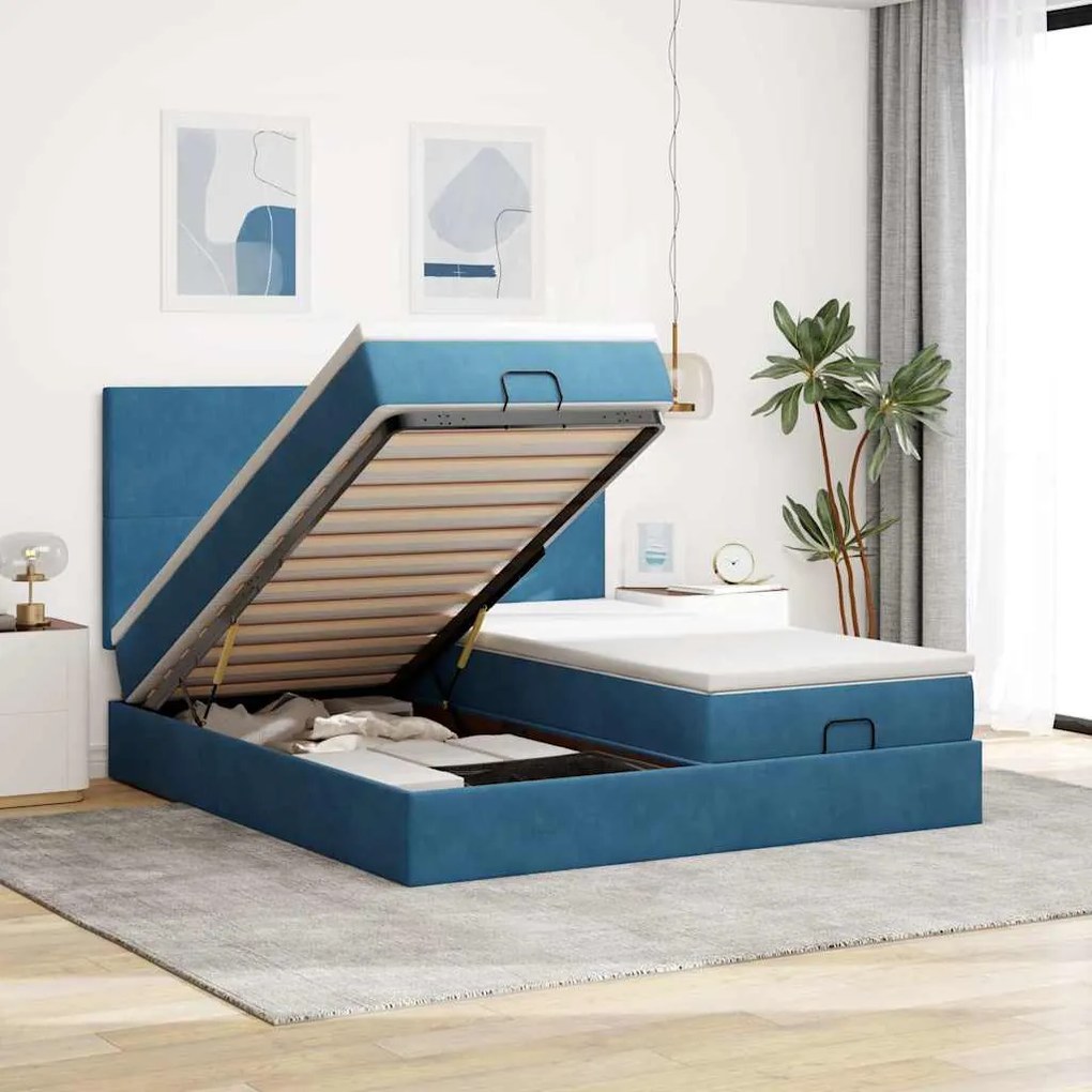 Estrutura cama otomana colchões 180x200 cm veludo azul escuro
