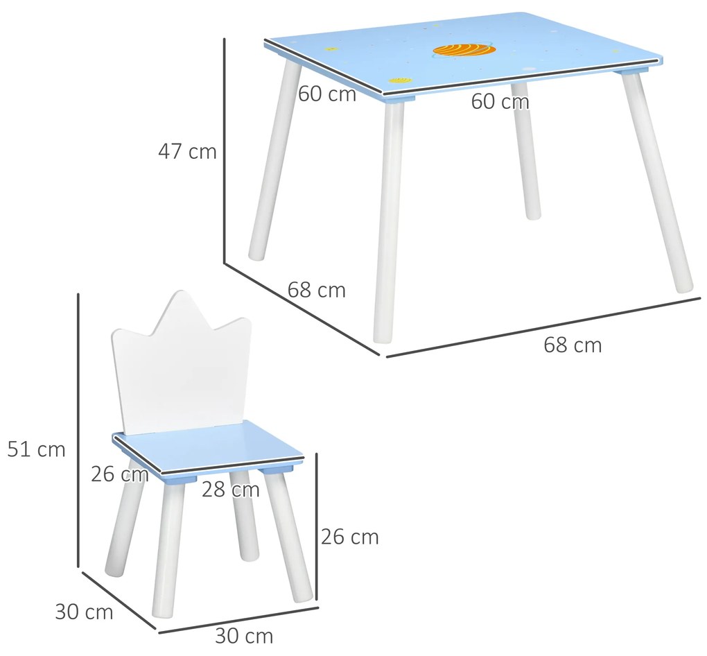 ZONEKIZ Conjunto de Mesa e 2 Cadeiras Infantil Mesa Infantil Móveis de Madeira Crianças para Sala de Estar Brinquedoteca Dormitório 68x68x47cm e 30x30x51,5cm Azul