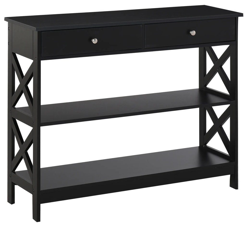 HOMCOM Consola de Entrada com 2 Gavetas e 2 Prateleiras Inferiores Mobiliário Moderno Base Elevada Anti-Inclinação 100x30,5x80 cm Preto