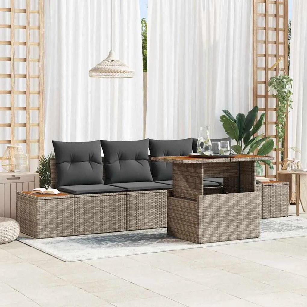 vidaXL Conjunto de Jantar para o Jardim de 5 Peças com Almofadas Cinza em Polyrattan e Acácia
