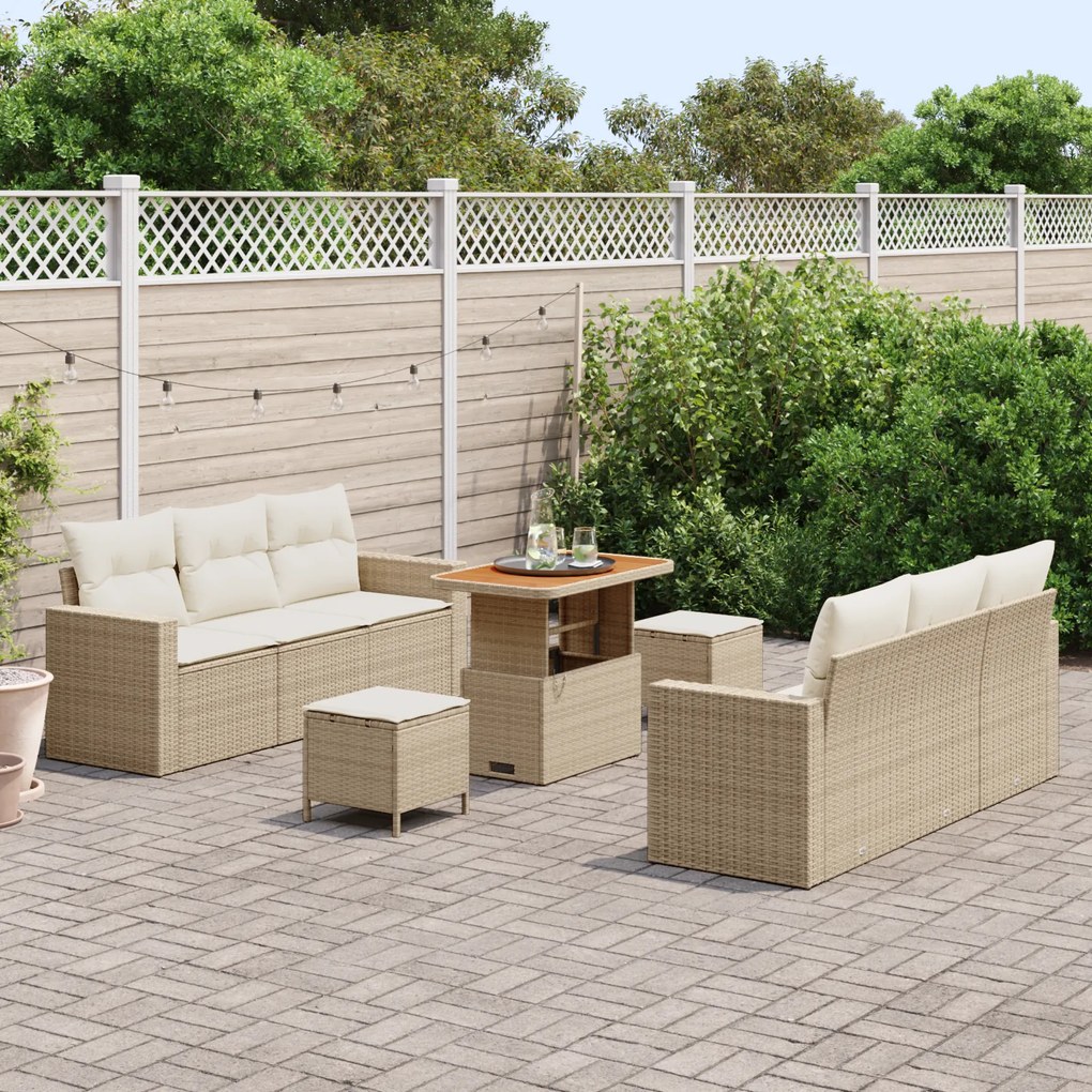 Conjunto de Sofás de Jardim vidaXL de 9 peças com Almofadas Bege Polié