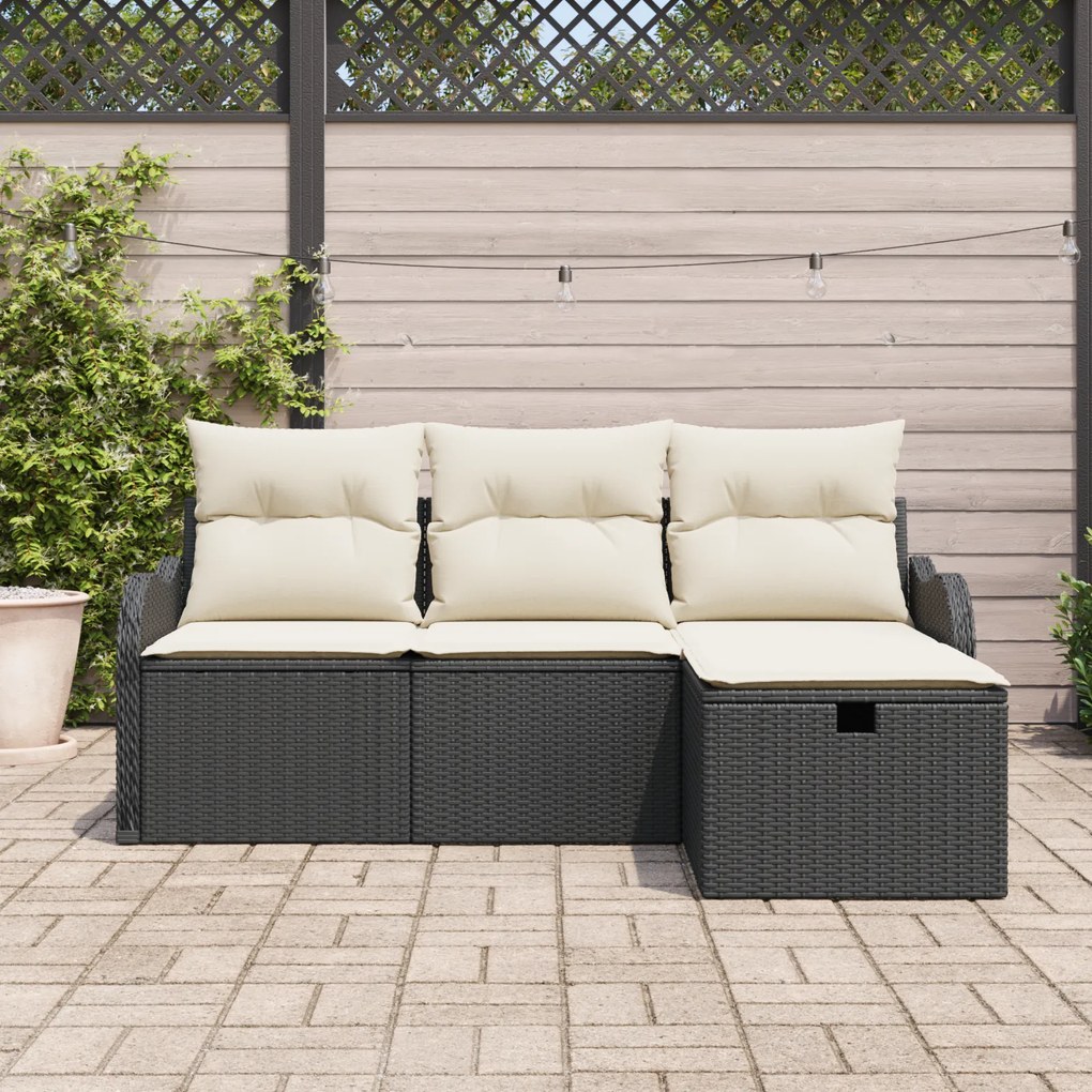Conjunto de Sofá de Jardim vidaXL 4 Peças com Almofadas Preto Rattan P