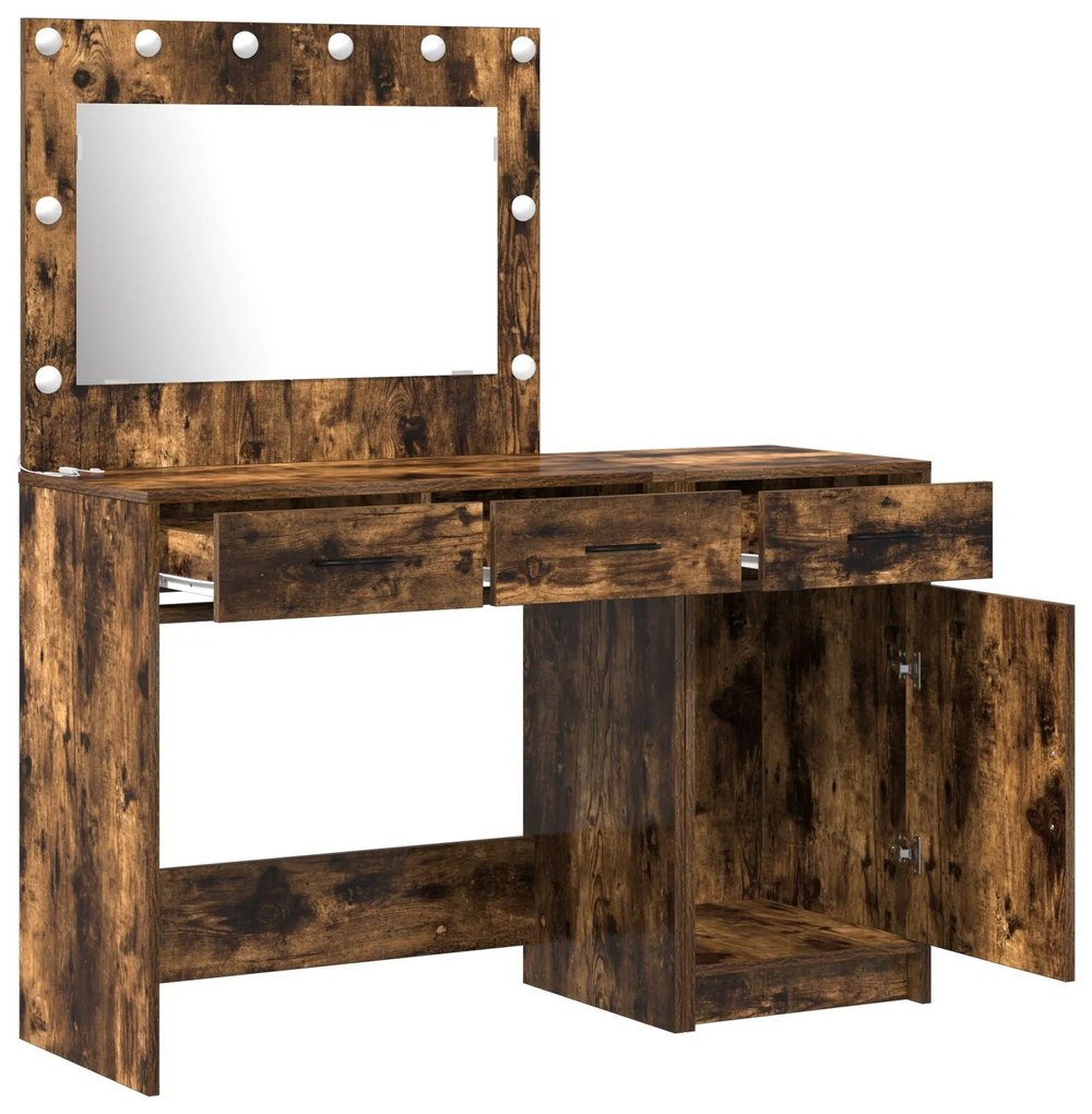 Conjunto de Mesa de Maquiagem de 2 Peças com LED em Carvalho Fumê de M
