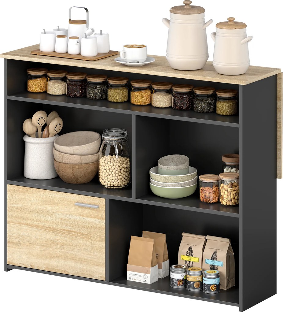 Mesa de bar extensível com aba 116 x 79,6 x 90,5 cm, mesa alta de cozinha, 1 armário e 4 compartimentos abertos, preta e efeito de madeira natural