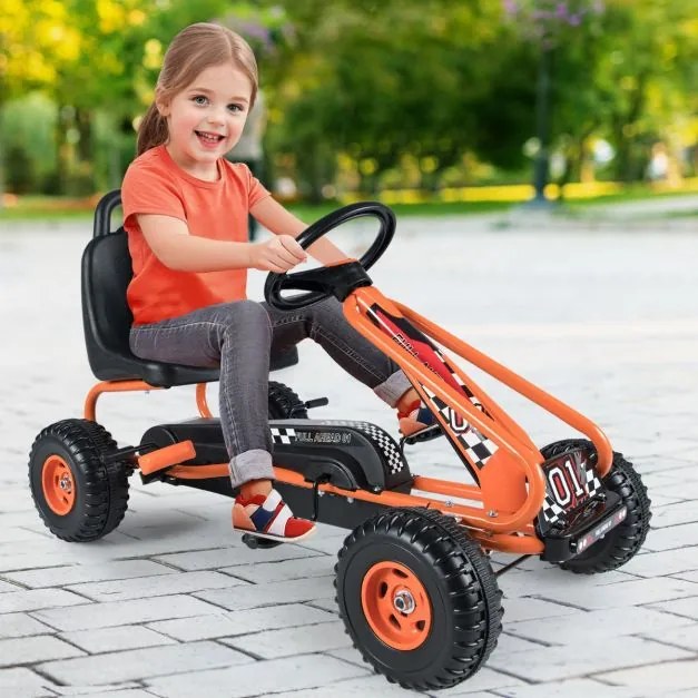 Kart a pedais para crianças com 4 rodas antiderrapantes, assento envolvente e travão de mão 92 x 50 x 53 cm Laranja