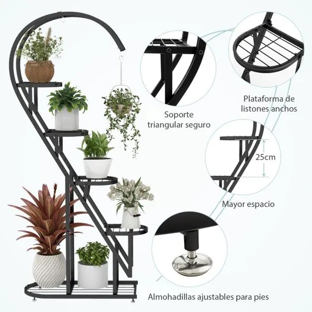 Conjunto de 2 suportes metálicos de 5 níveis para plantas com escada em forma de coração e gancho para pendurar 71 x 30,5 x 148 cm Pretos