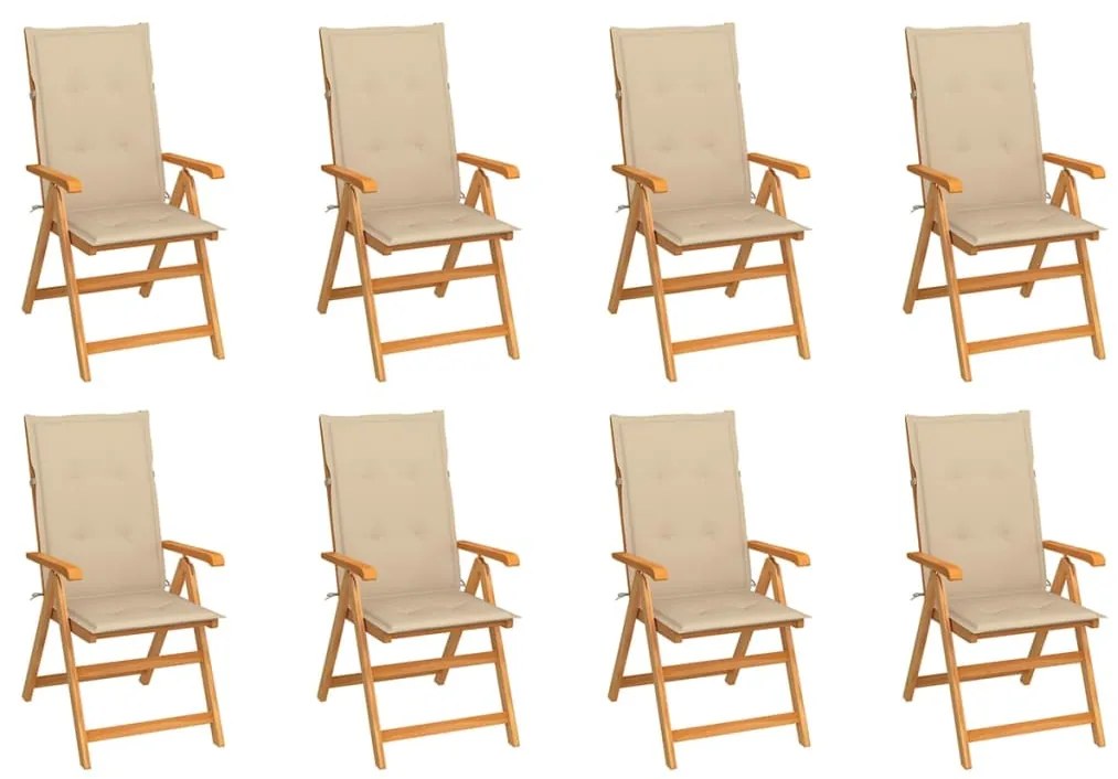 vidaXL Cadeiras de jardim reclináveis c/ almofadões 8 pcs teca maciça