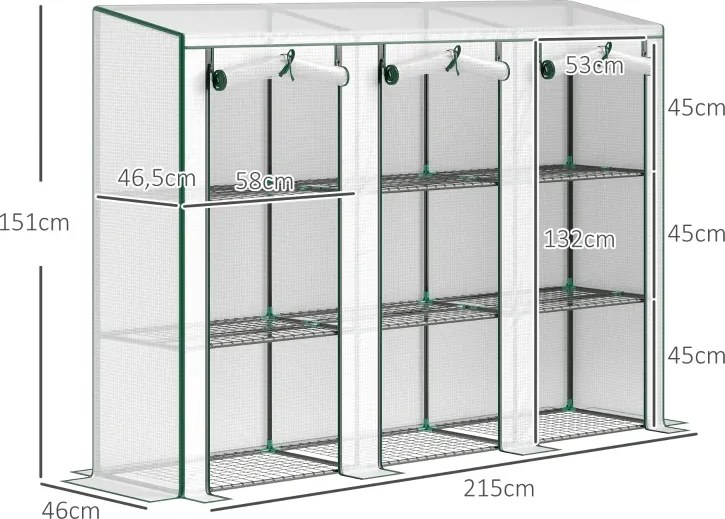 Estufa Pequena com Prateleiras de 3 Níveis Portas com Fecho de Correr Estufa para Cultivar 215x46x151 cm Branco