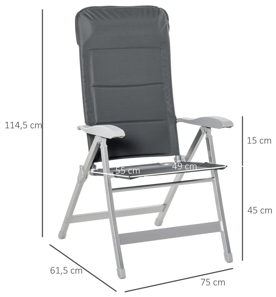 Cadeira de jardim dobrável de alumínio com encosto alto ajustável de 7 posições e encosto de cabeça acolchoado 75x61,5x114,5 cm cinza