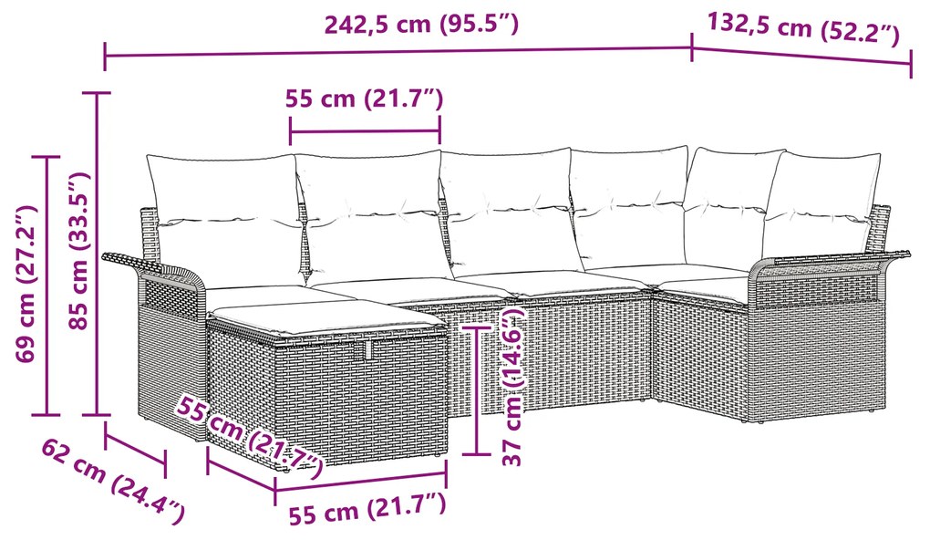 Conjunto de Sofás de Jardim de 6 Peças com Almofadas Preto Rattan PE