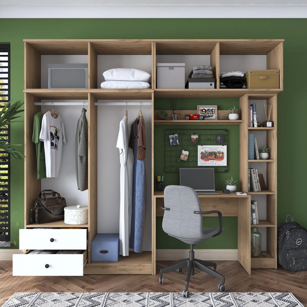 Conjunto de Quarto de Estudo BA122 – Nogueira/Branco – 240 cm x 216,8