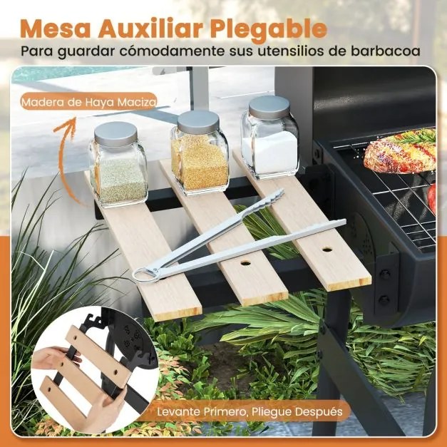 Grelhador a carvão para churrasco ao ar livre com mesa lateral dobrável Termóstato Prateleira de armazenamento preto