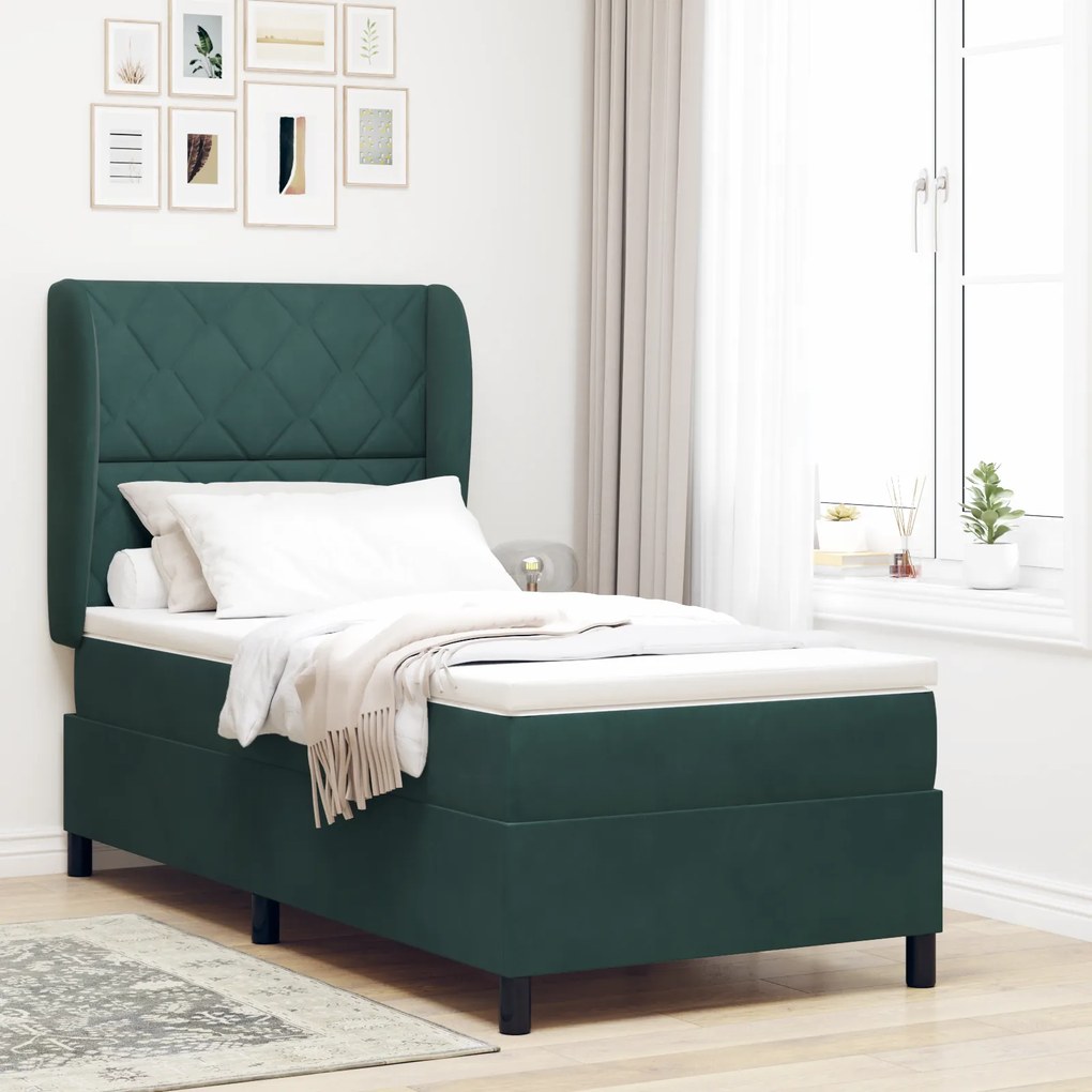 Cama Box Spring vidaXL com Colchão Verde Escuro 90x190 cm Veludo
