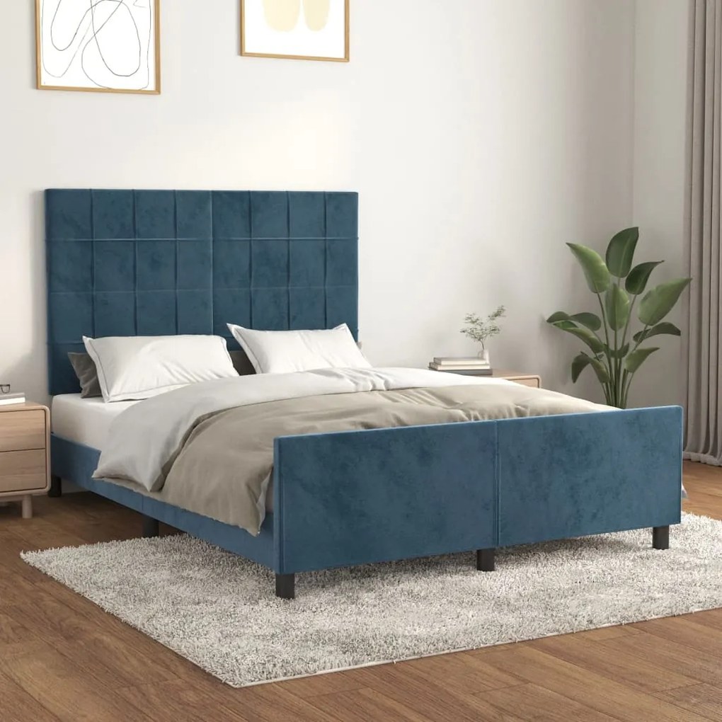 Estrutura de cama sem colchão 140x190 cm veludo azul-escuro