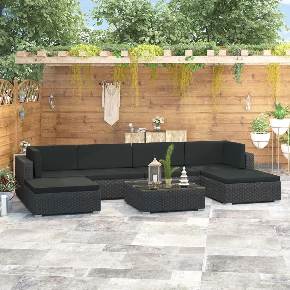 vidaXL 7 pcs conjunto lounge de jardim c/ almofadões vime PE preto