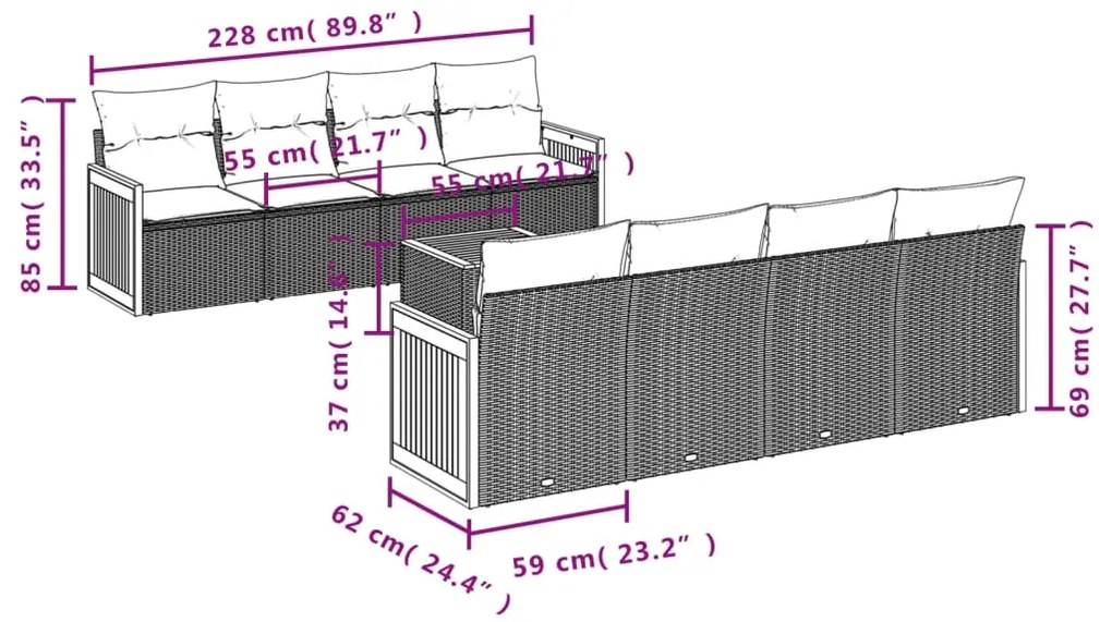 9 pcs conjunto sofás p/ jardim com almofadões vime PE cinzento
