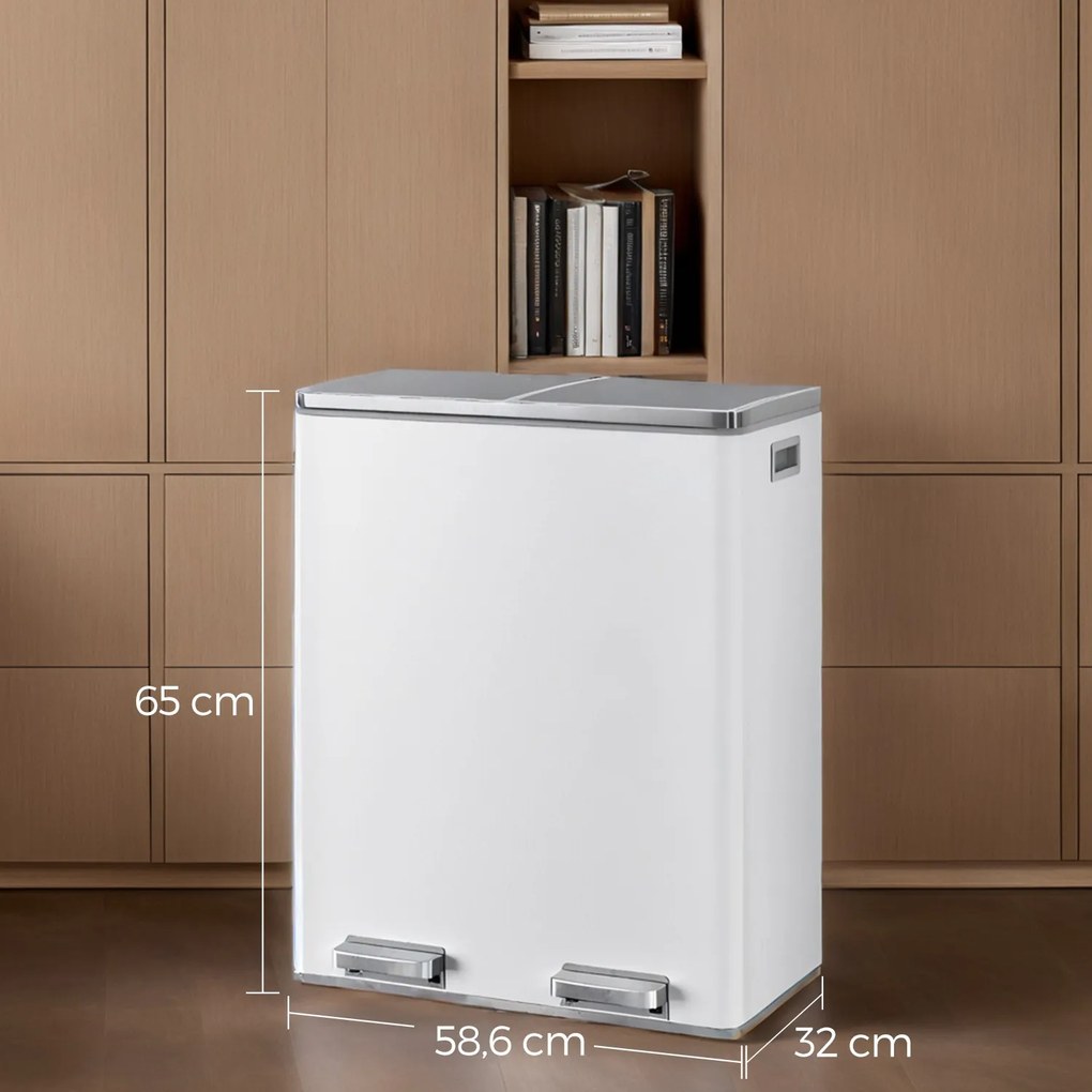 Caixote do lixo com 2 compartimentos de 60 L, 59 x 36,5 x 65,2 cm branco + cinzento