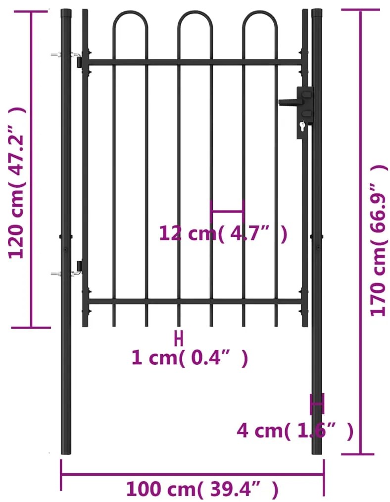 Portão de vedação individual com topo arqueado aço 1x1,2m preto