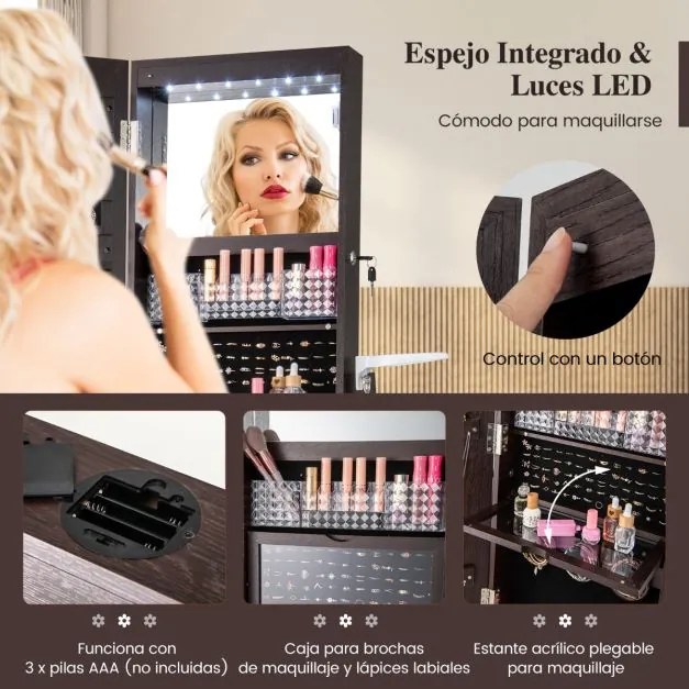 Armário para joias 56 cm x 164 cm giratório em 360° com espelho, luzes LED, fechadura e prateleira traseira em castanho escuro