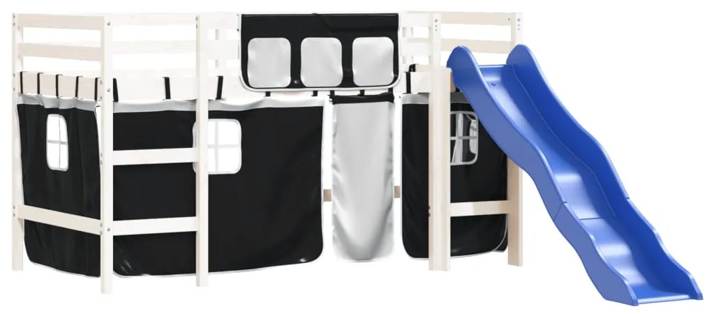 Cama alta criança c/ cortina 80x200cm pinho maciço branco/preto