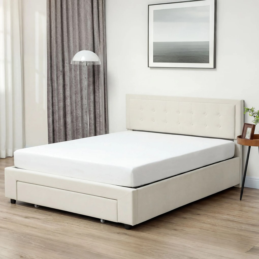 Cama de Casal com Estrado-Baú, 203,5 x 145 x 104 cm (COLCHÃO NÃO INCLUIDO), Arrumação sob a Cama, Creme