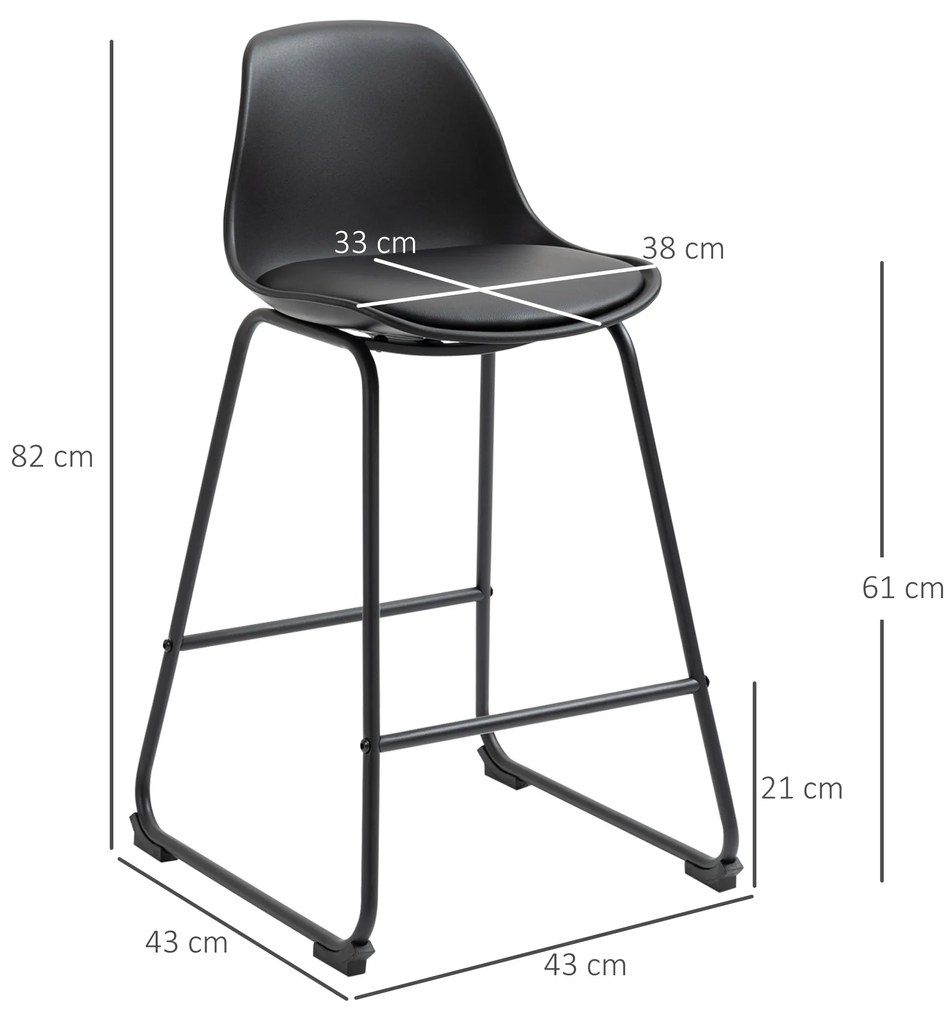 HOMCOM Conjunto de 2 Bancos Altos de Cozinha Estofados em PU Bancos de Bar com Base Antiderrapante e Apoio para os Pés Estilo Moderno Carga Máxima 120kg 43x43x97,5cm Preto